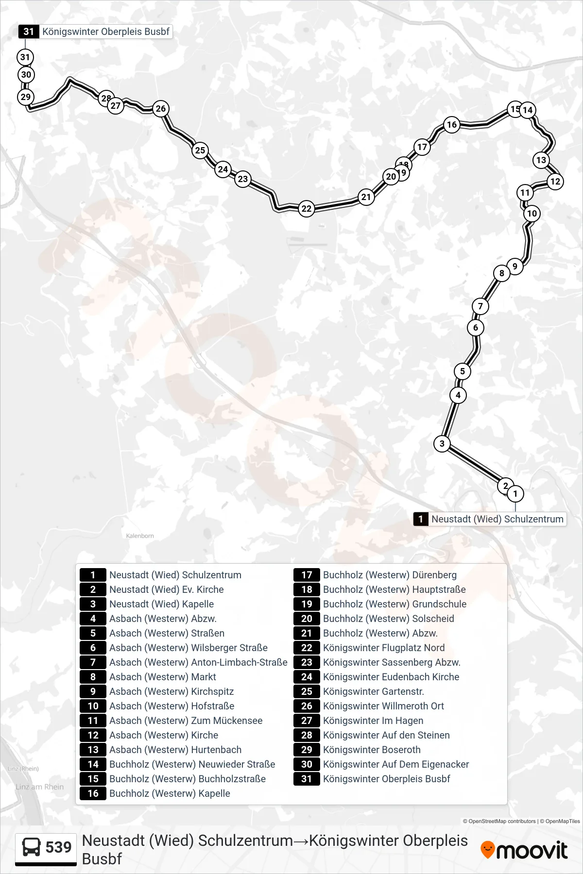 Linie 539 (Bus) Richtung Neustadt (Wied) Schulzentrum→Königswinter Oberpleis Busbf: Route und Haltestellen auf der Karte