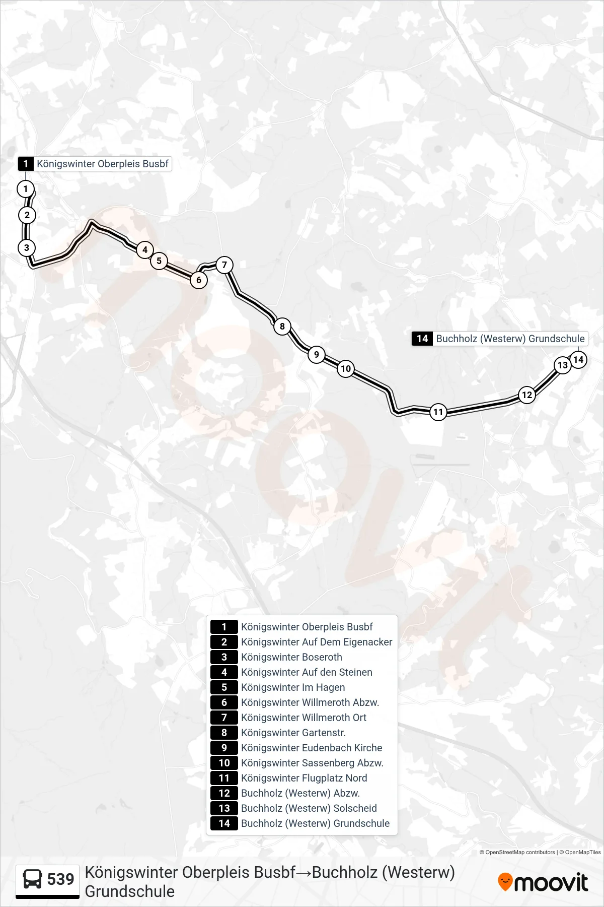 Linie 539 (Bus) Richtung Königswinter Oberpleis Busbf→Buchholz (Westerw) Grundschule: Route und Haltestellen auf der Karte