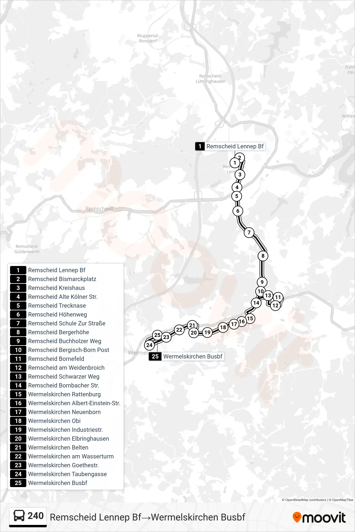Linie 240 (Bus) Richtung Remscheid Lennep Bf→Wermelskirchen Busbf: Route und Haltestellen auf der Karte
