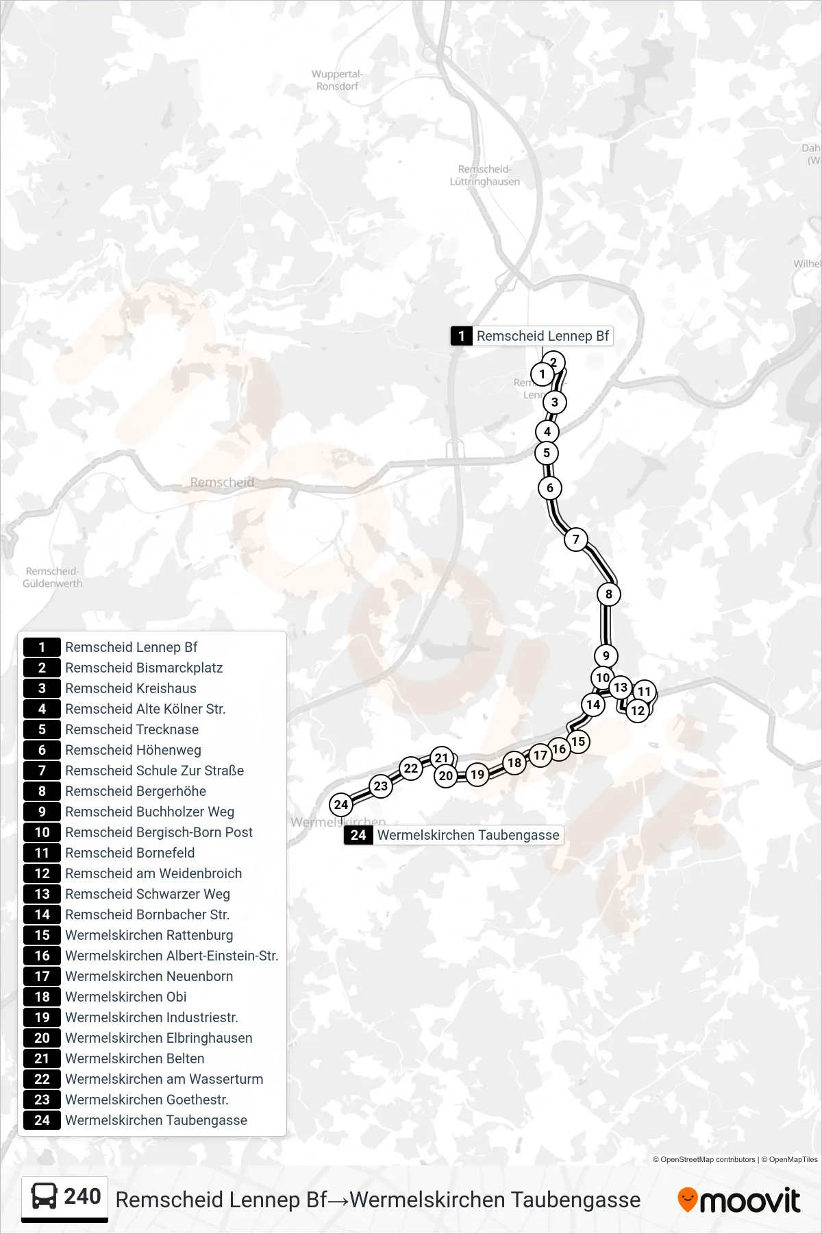 Linie 240 (Bus) Richtung Remscheid Lennep Bf→Wermelskirchen Taubengasse: Route und Haltestellen auf der Karte