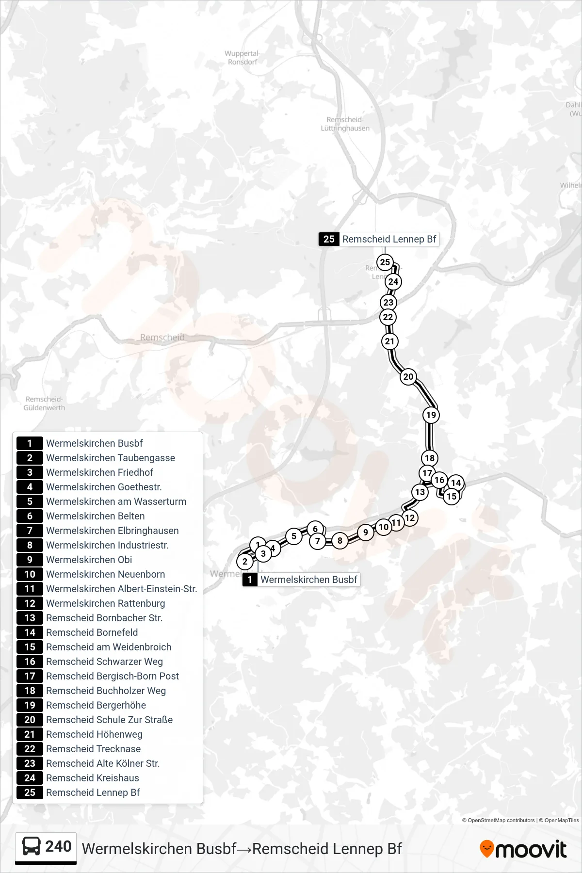 Linie 240 (Bus) Richtung Wermelskirchen Busbf→Remscheid Lennep Bf: Route und Haltestellen auf der Karte