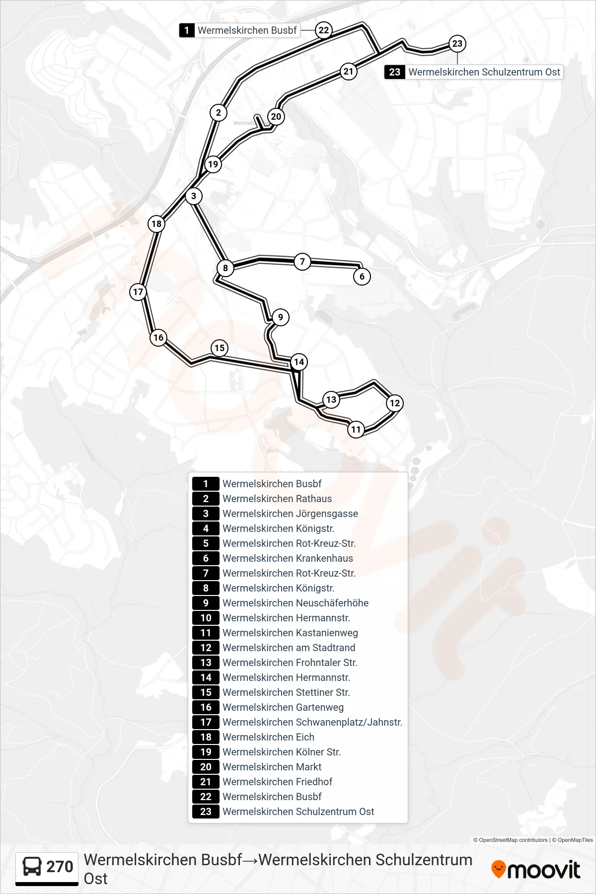 Linie 270 (Bus) Richtung Wermelskirchen Busbf→Wermelskirchen Schulzentrum Ost: Route und Haltestellen auf der Karte