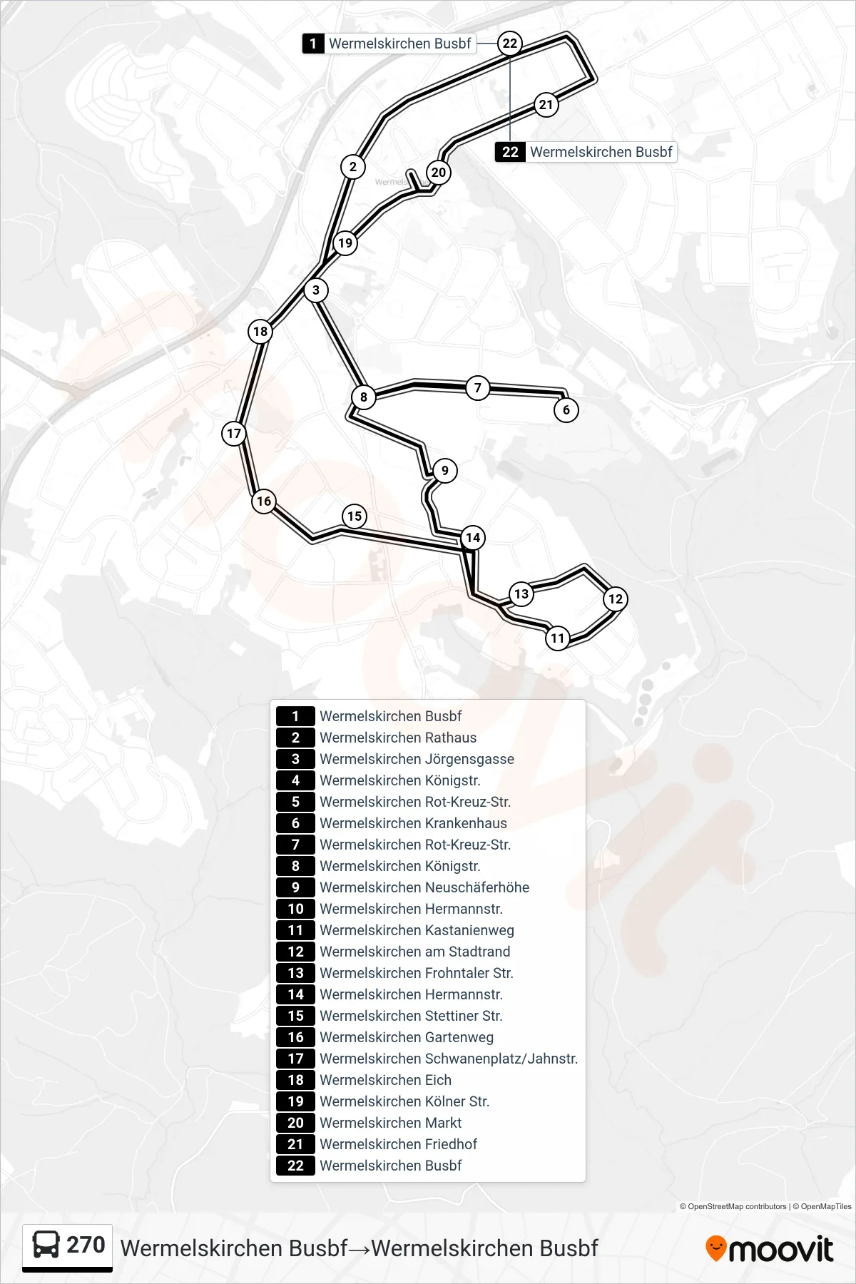 Linie 270 (Bus) Richtung Wermelskirchen Busbf‎→Wermelskirchen Busbf: Route und Haltestellen auf der Karte