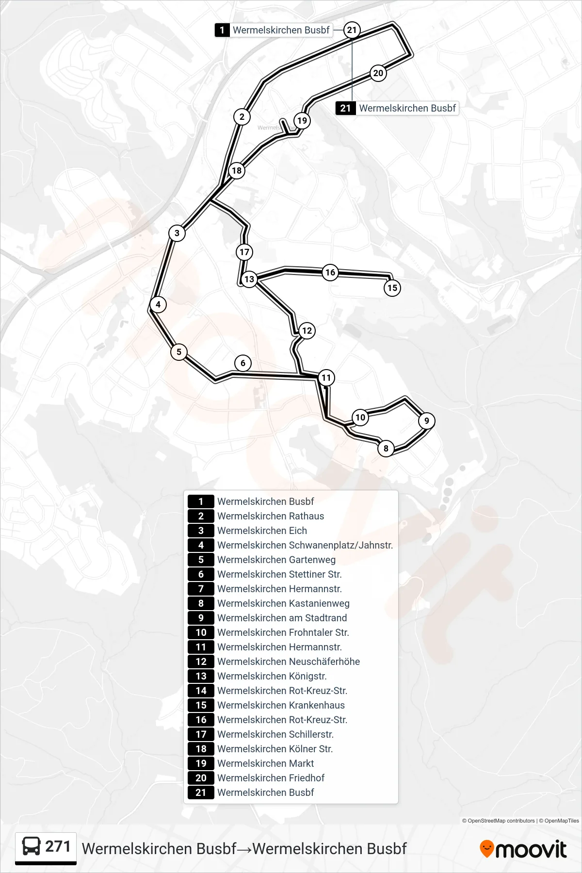 Linie 271 (Bus) Richtung Wermelskirchen Busbf→Wermelskirchen Busbf: Route und Haltestellen auf der Karte