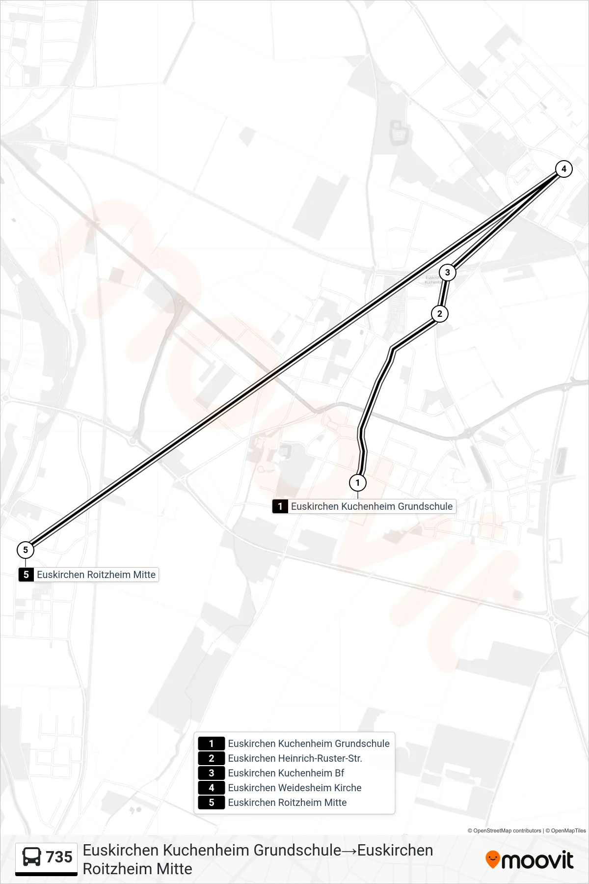 Linie 735 (Bus) Richtung Euskirchen Kuchenheim Grundschule→Euskirchen Roitzheim Mitte: Route und Haltestellen auf der Karte