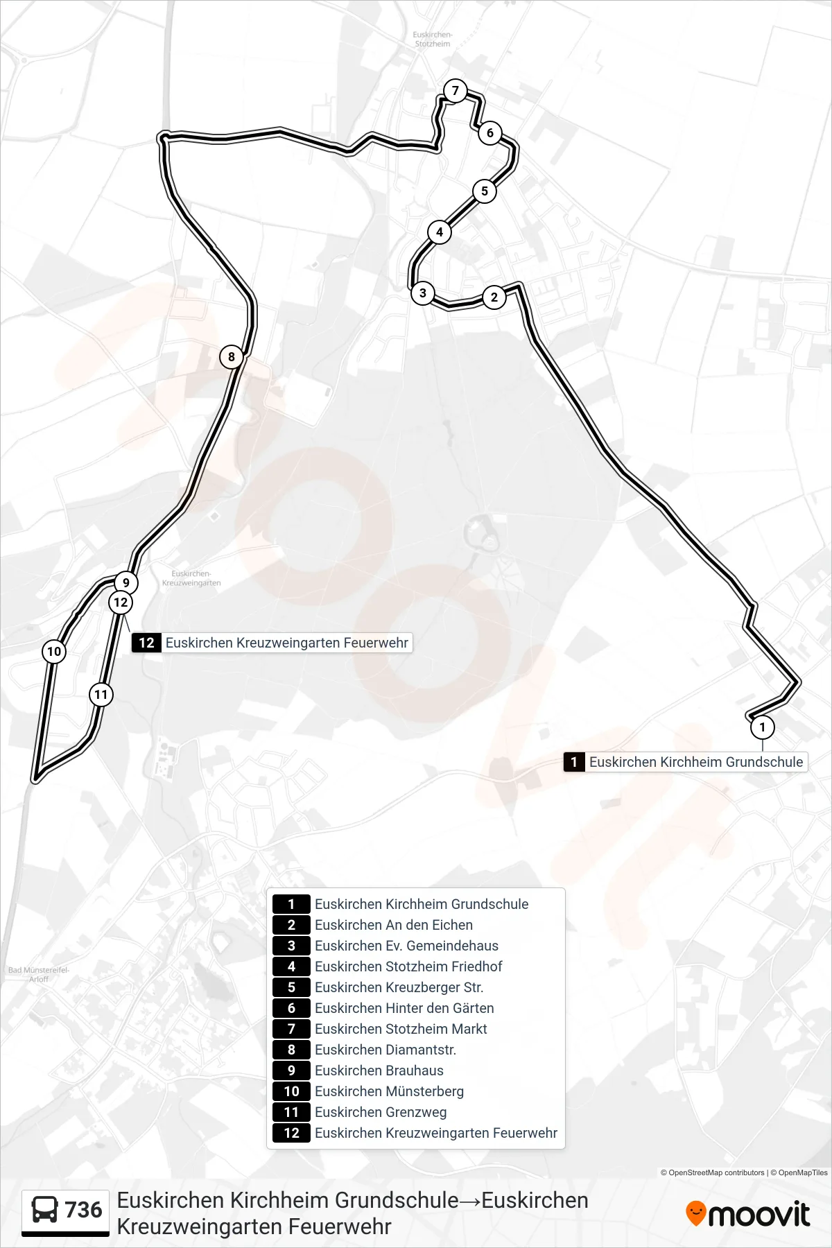 Linie 736 (Bus) Richtung Euskirchen Kirchheim Grundschule→Euskirchen Kreuzweingarten Feuerwehr: Route und Haltestellen auf der Karte