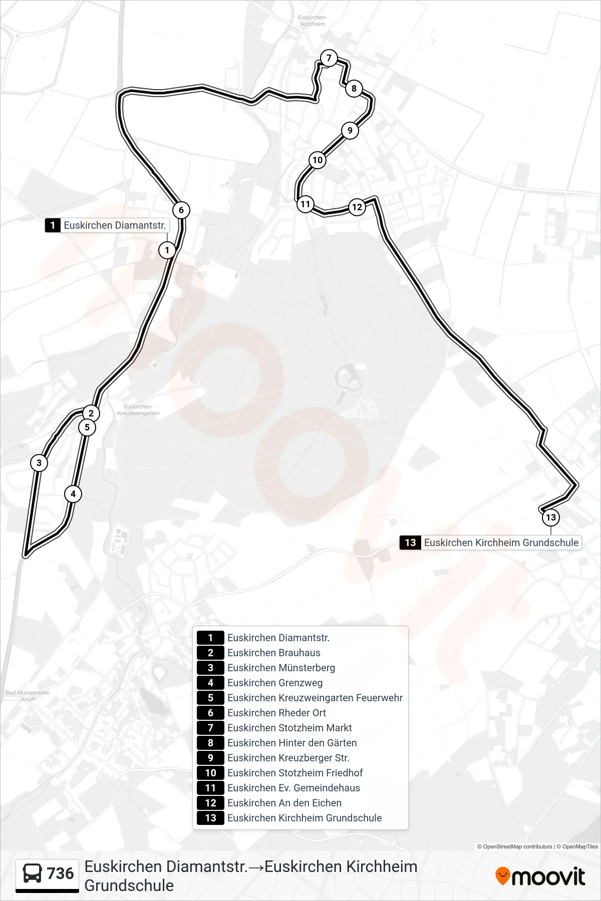 Linie 736 (Bus) Richtung Euskirchen Diamantstr.→Euskirchen Kirchheim Grundschule: Route und Haltestellen auf der Karte