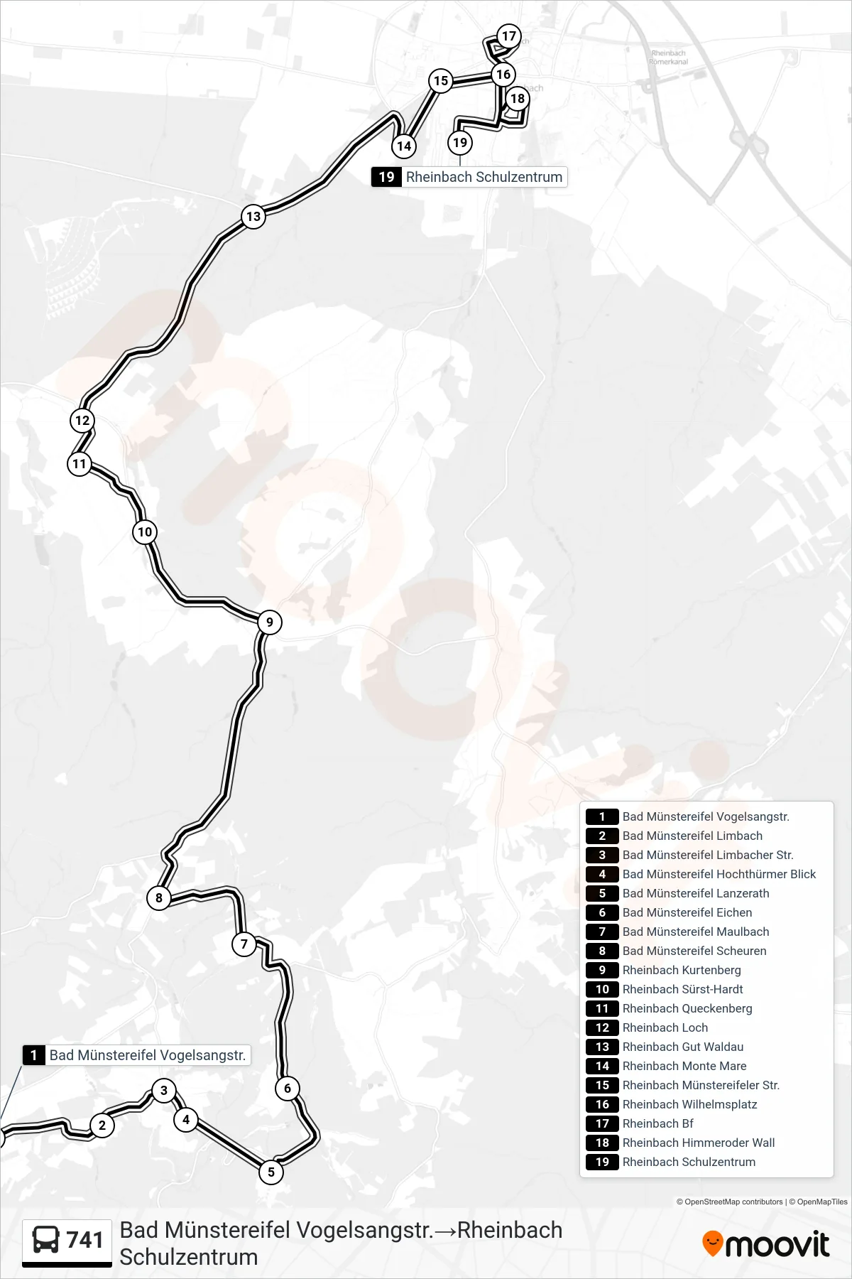 Linie 741 (Bus) Richtung Bad Münstereifel Vogelsangstr.→Rheinbach Schulzentrum: Route und Haltestellen auf der Karte