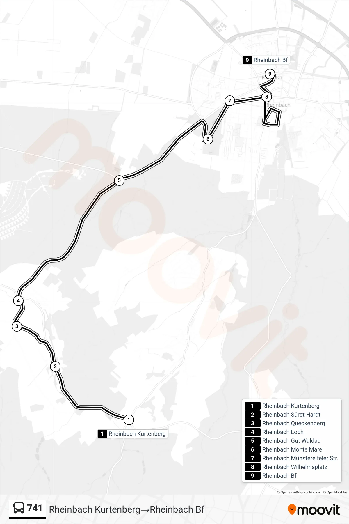 Linie 741 (Bus) Richtung Rheinbach Kurtenberg→Rheinbach Bf: Route und Haltestellen auf der Karte