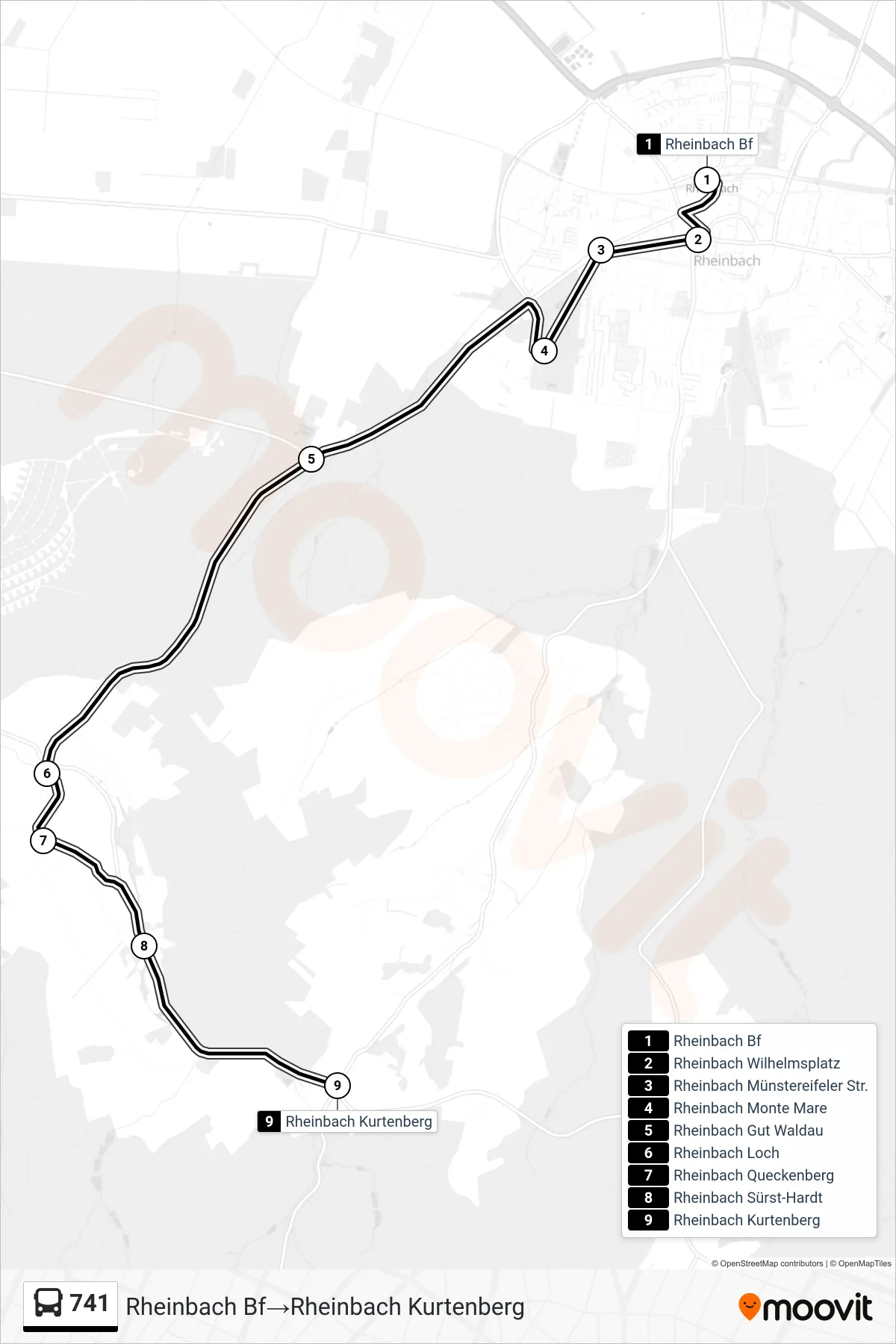 Linie 741 (Bus) Richtung Rheinbach Bf→Rheinbach Kurtenberg: Route und Haltestellen auf der Karte