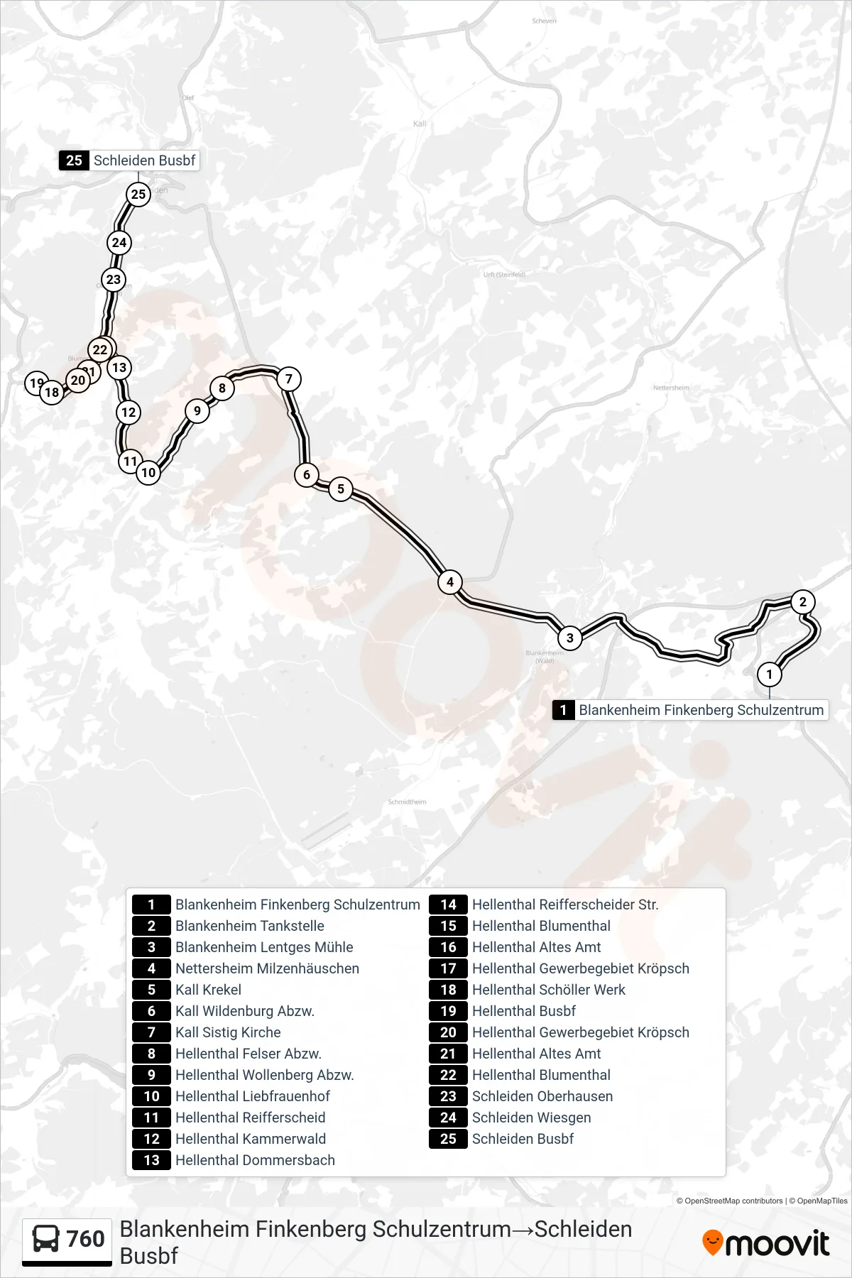 Linie 760 (Bus) Richtung Blankenheim Finkenberg Schulzentrum→Schleiden Busbf: Route und Haltestellen auf der Karte