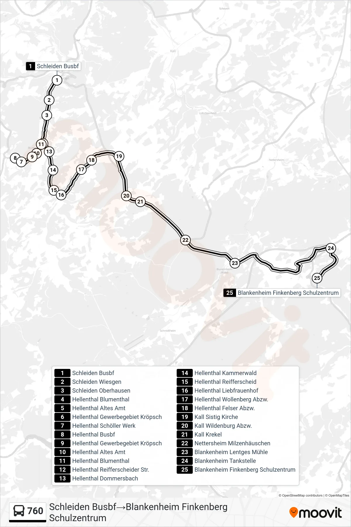 Linie 760 (Bus) Richtung Schleiden Busbf→Blankenheim Finkenberg Schulzentrum: Route und Haltestellen auf der Karte