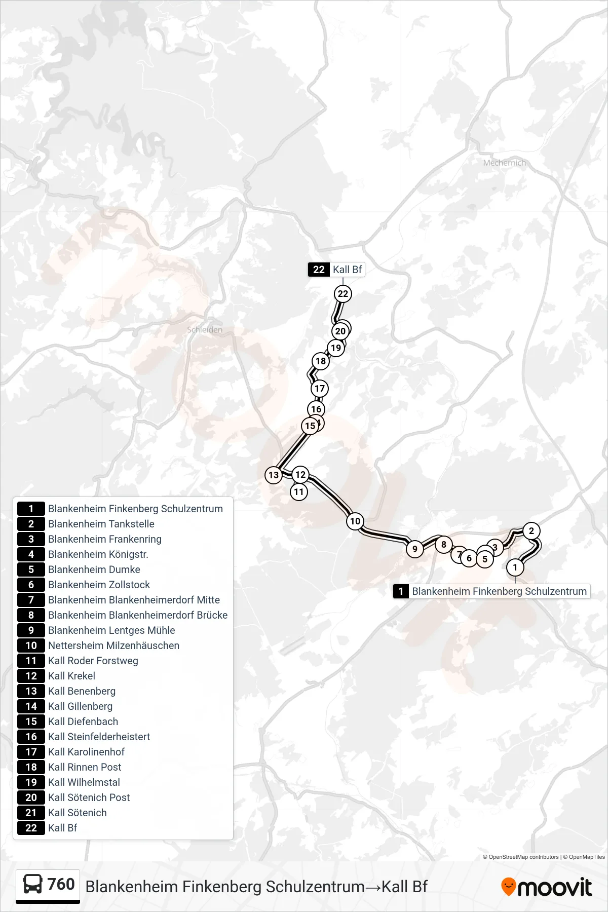 Linie 760 (Bus) Richtung Blankenheim Finkenberg Schulzentrum→Kall Bf: Route und Haltestellen auf der Karte