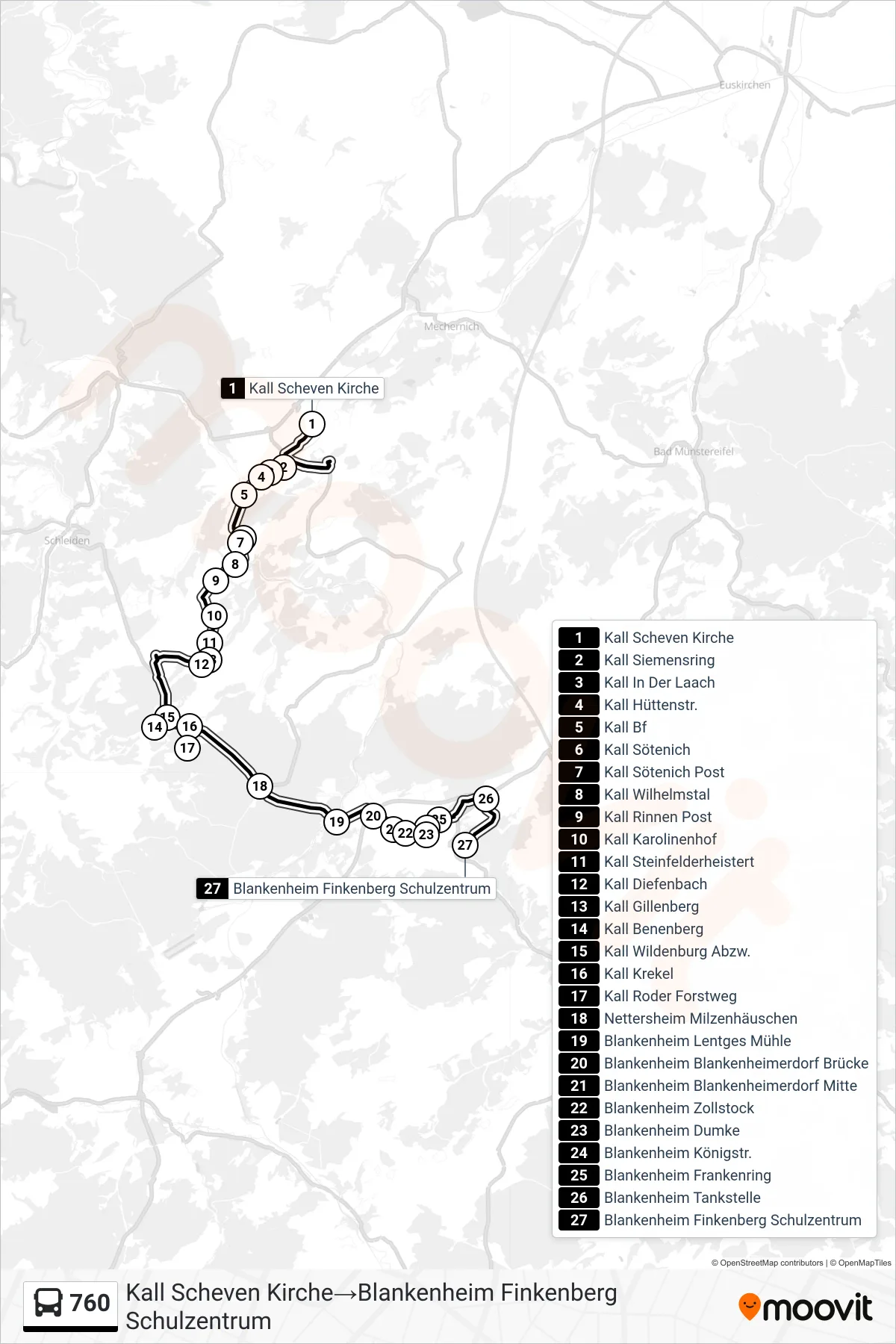 Linie 760 (Bus) Richtung Kall Scheven Kirche→Blankenheim Finkenberg Schulzentrum: Route und Haltestellen auf der Karte