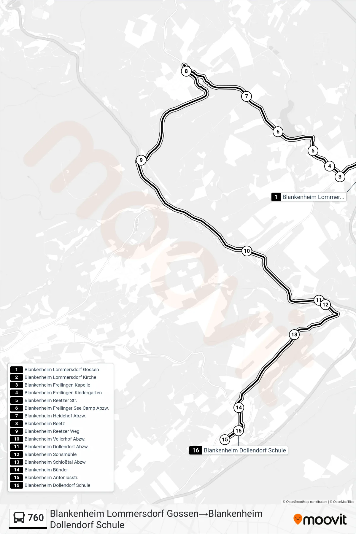 Linie 760 (Bus) Richtung Blankenheim Lommersdorf Gossen→Blankenheim Dollendorf Schule: Route und Haltestellen auf der Karte