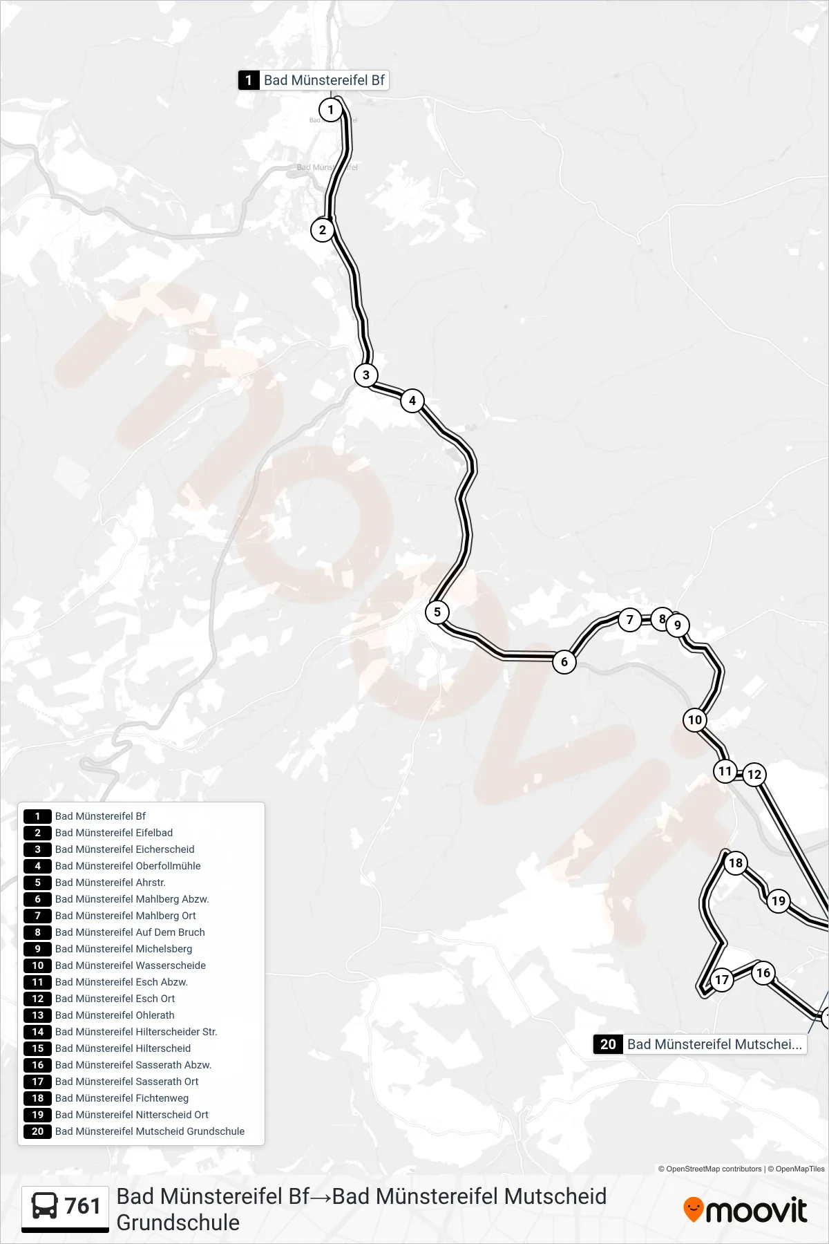 761 bus Line (Bad Münstereifel Bf‎→Bad Münstereifel Mutscheid Grundschule) route and stops on a map