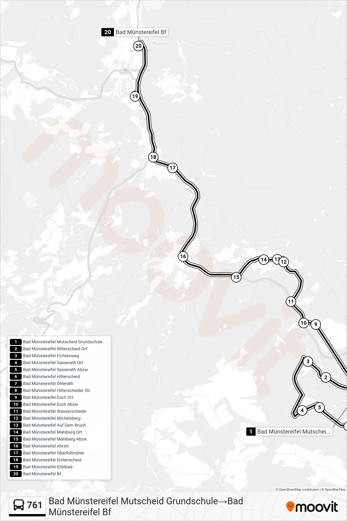 761 bus Line (Bad Münstereifel Mutscheid Grundschule‎→Bad Münstereifel Bf) route and stops on a map