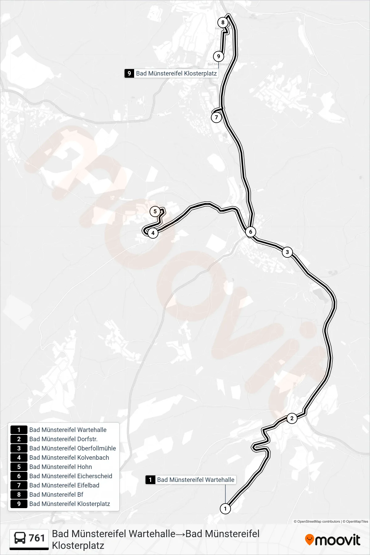 761 bus Line (Bad Münstereifel Wartehalle‎→Bad Münstereifel Klosterplatz) route and stops on a map