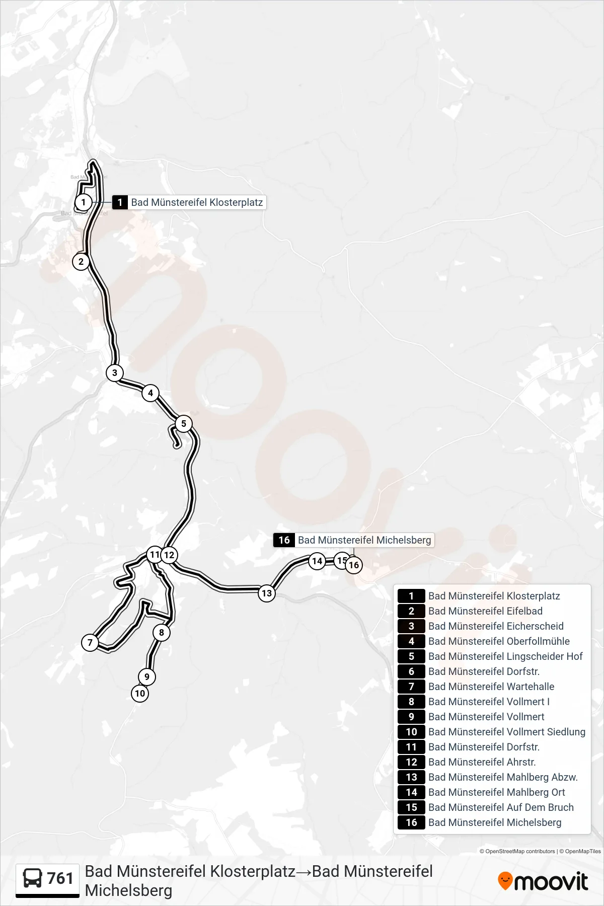 761 bus Line (Bad Münstereifel Klosterplatz‎→Bad Münstereifel Michelsberg) route and stops on a map