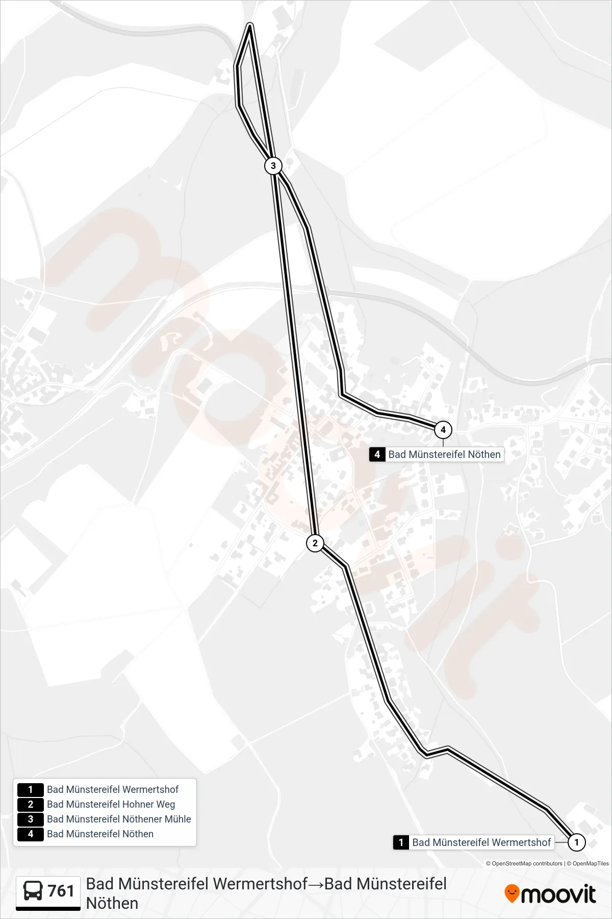 761 bus Line (Bad Münstereifel Wermertshof‎→Bad Münstereifel Nöthen) route and stops on a map