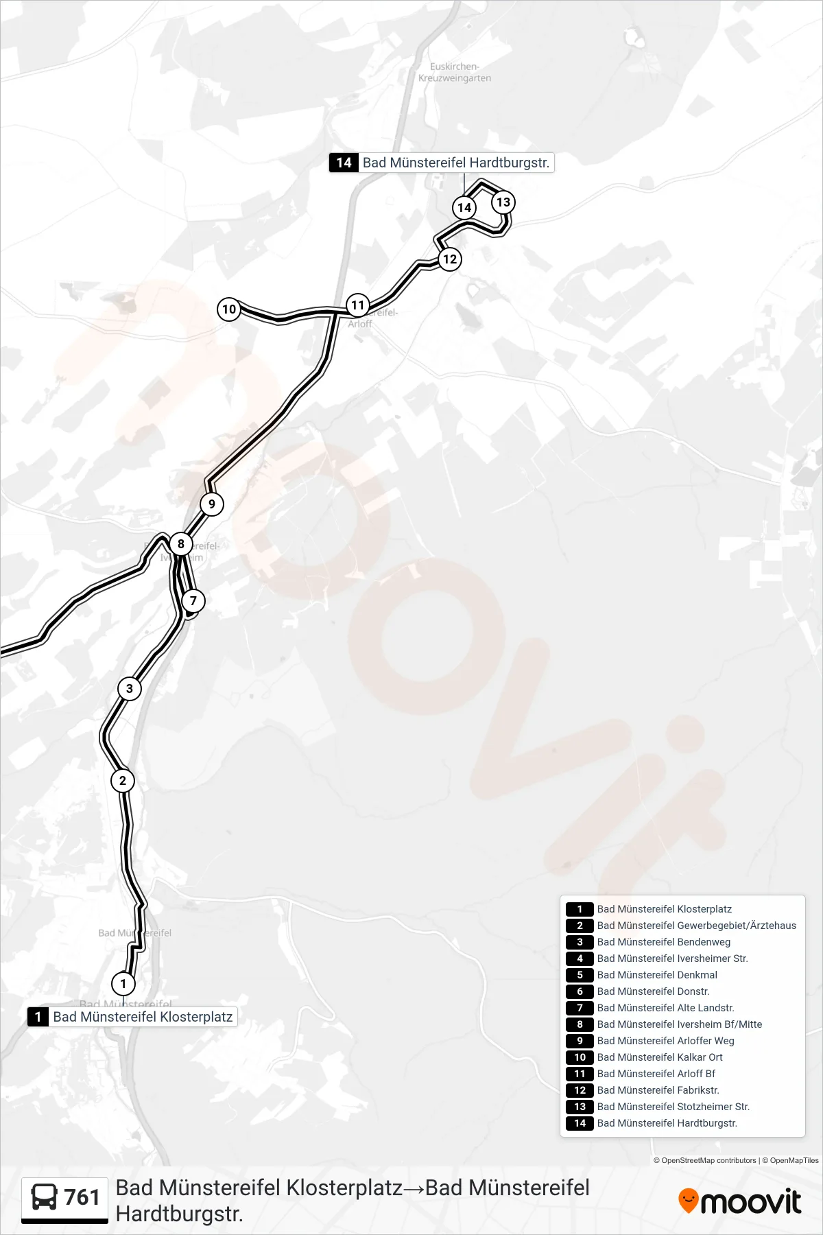761 bus Line (Bad Münstereifel Klosterplatz‎→Bad Münstereifel Hardtburgstr.) route and stops on a map