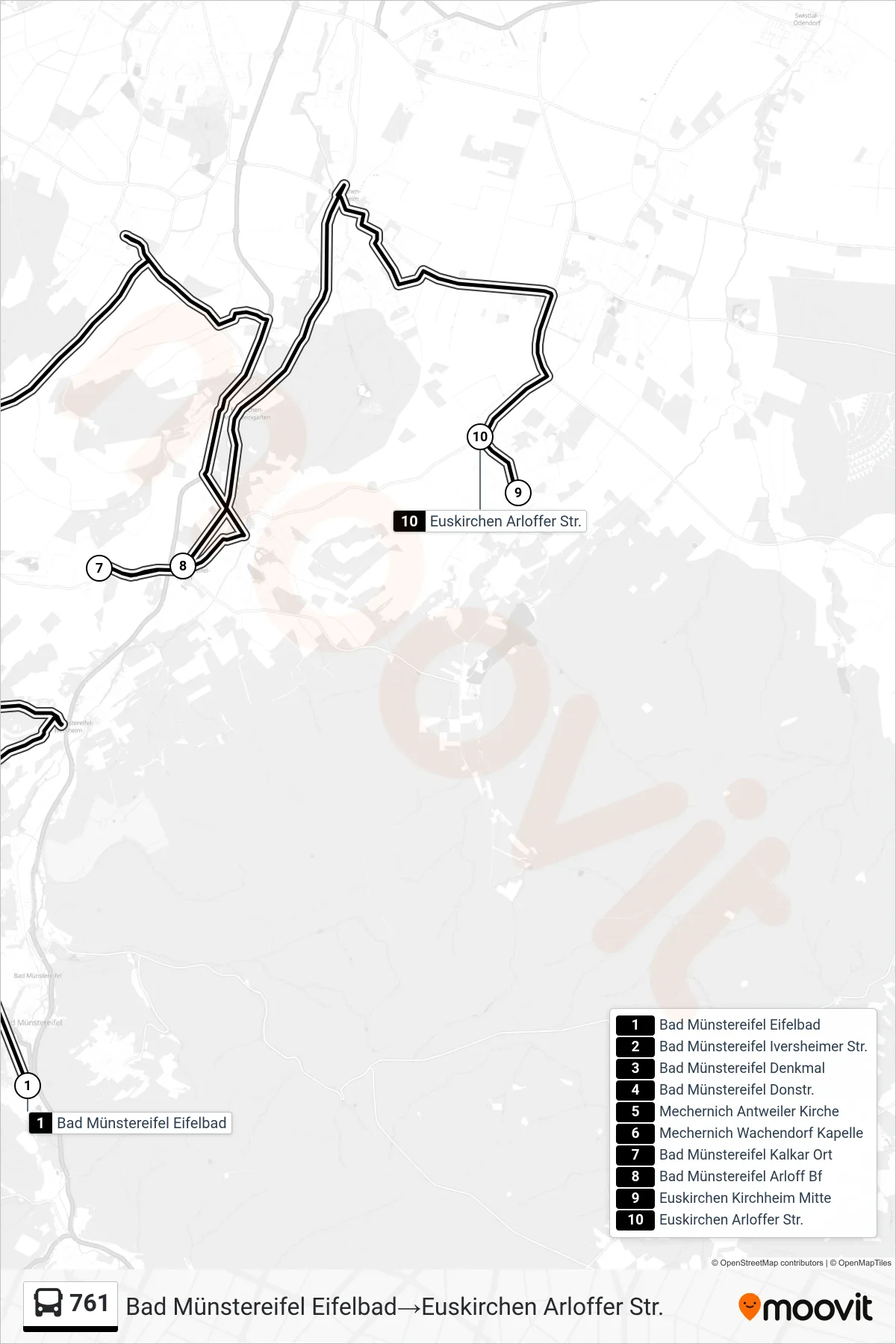 761 bus Line (Bad Münstereifel Eifelbad‎→Euskirchen Arloffer Str.) route and stops on a map