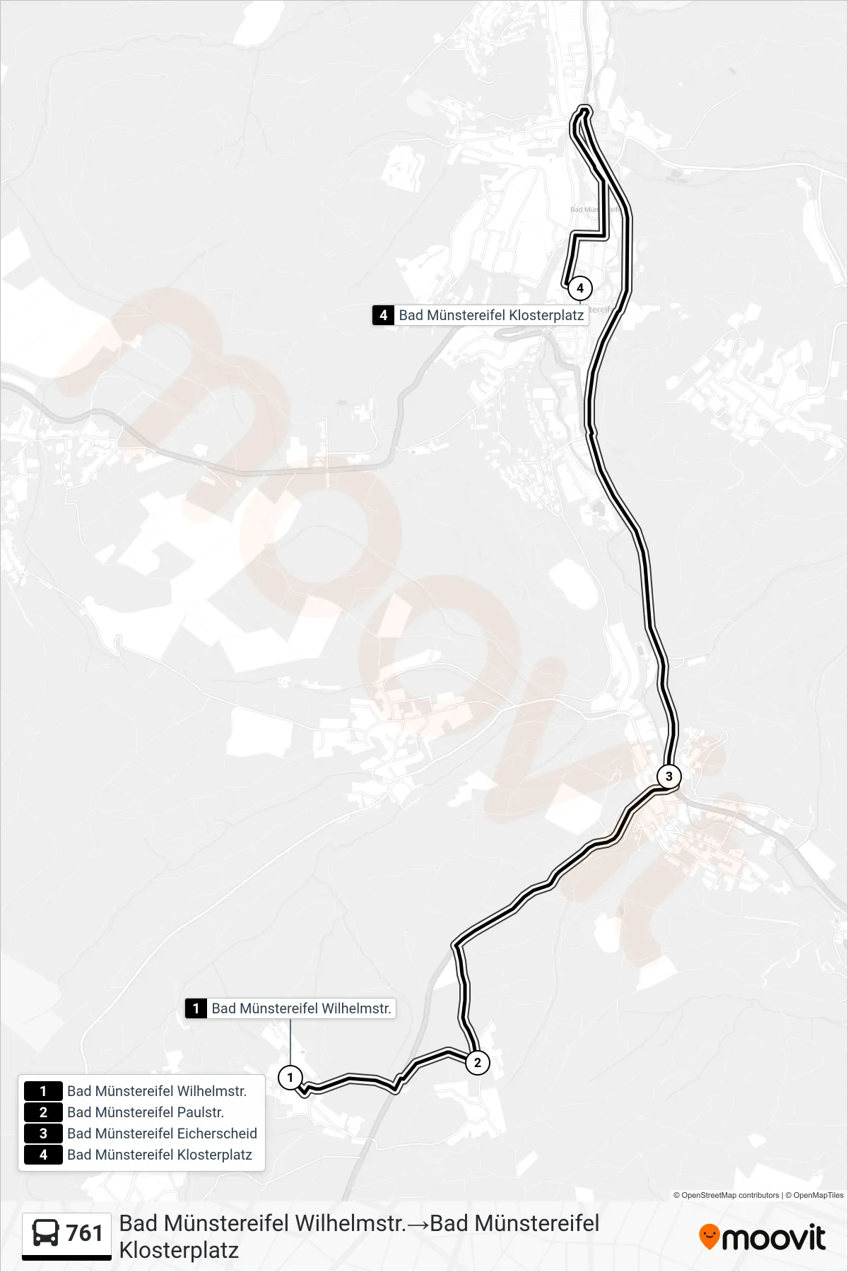 761 bus Line (Bad Münstereifel Wilhelmstr.‎→Bad Münstereifel Klosterplatz) route and stops on a map