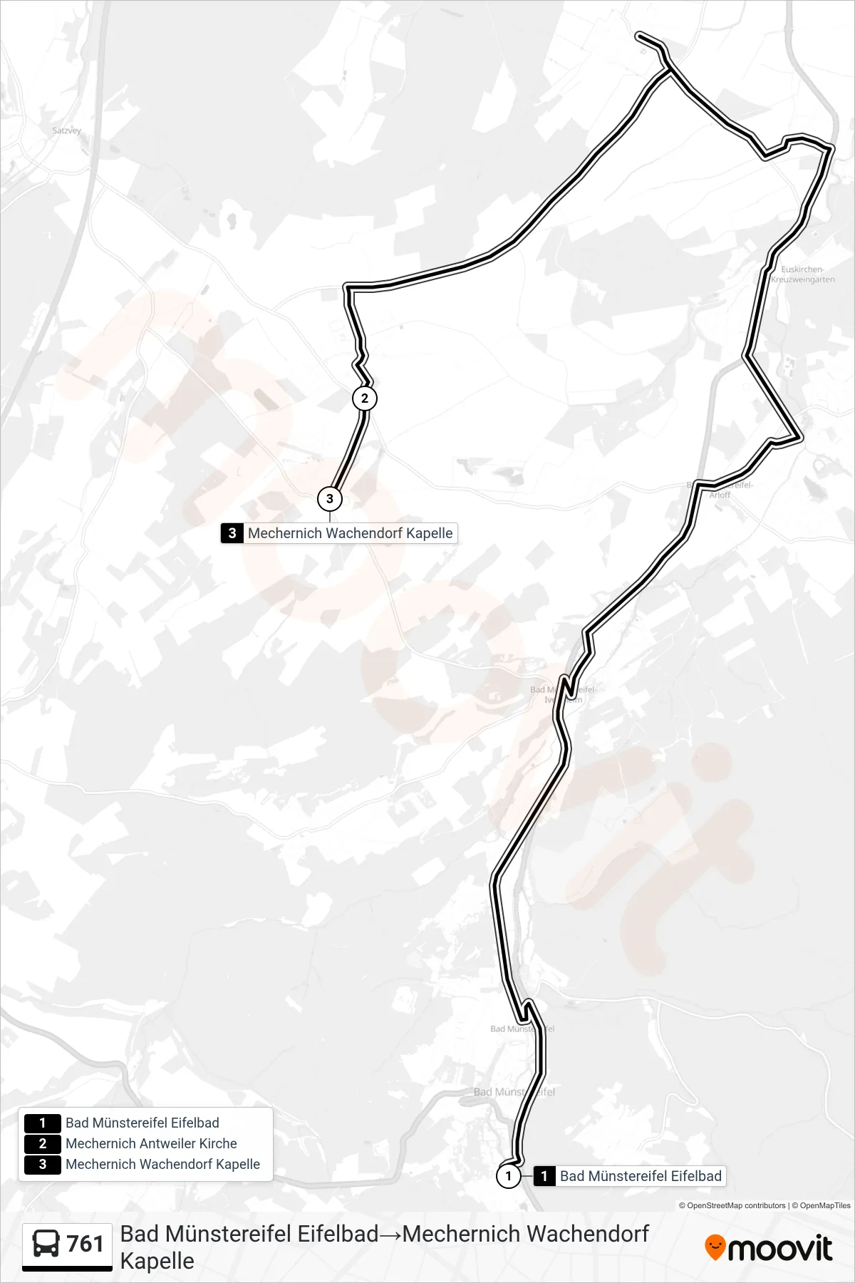 761 bus Line (Bad Münstereifel Eifelbad‎→Mechernich Wachendorf Kapelle) route and stops on a map