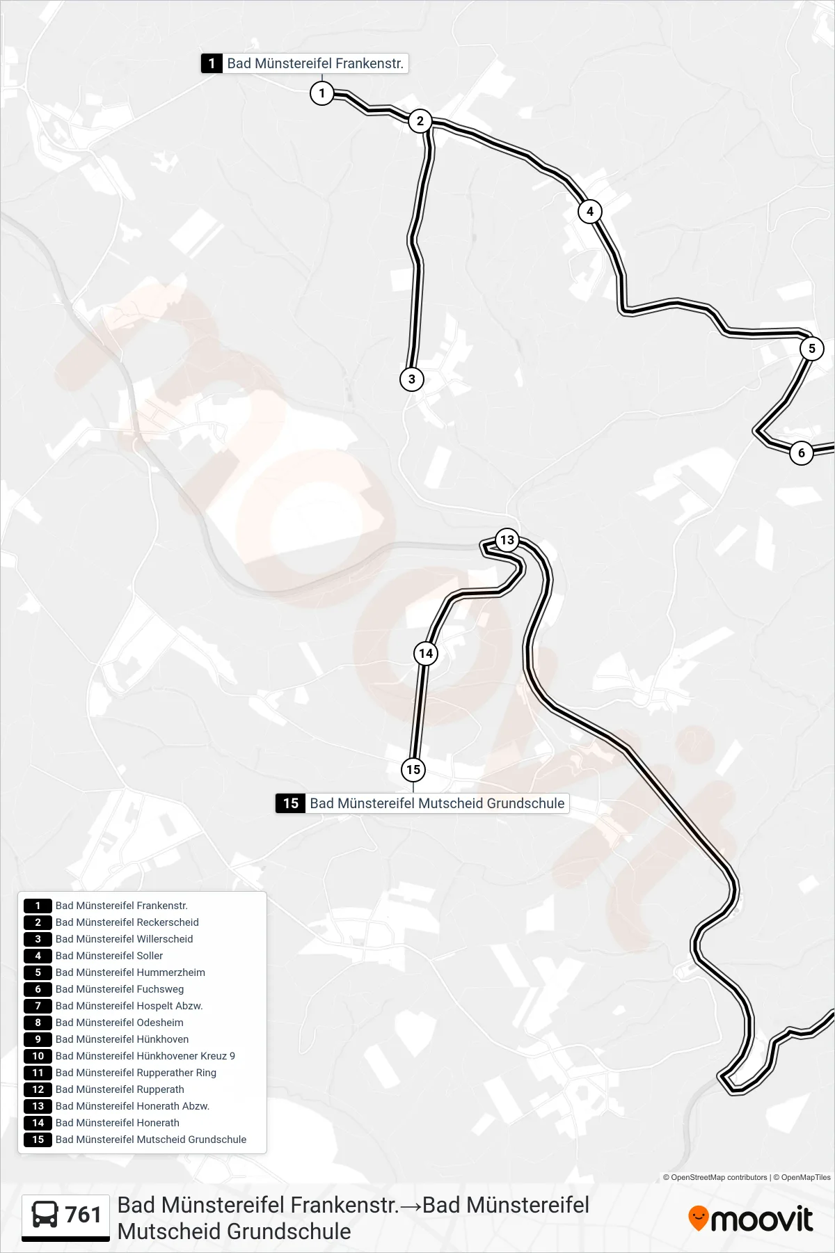 761 bus Line (Bad Münstereifel Frankenstr.‎→Bad Münstereifel Mutscheid Grundschule) route and stops on a map