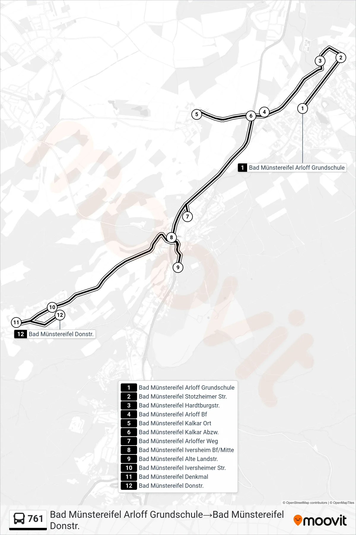 761 bus Line (Bad Münstereifel Arloff Grundschule‎→Bad Münstereifel Donstr.) route and stops on a map