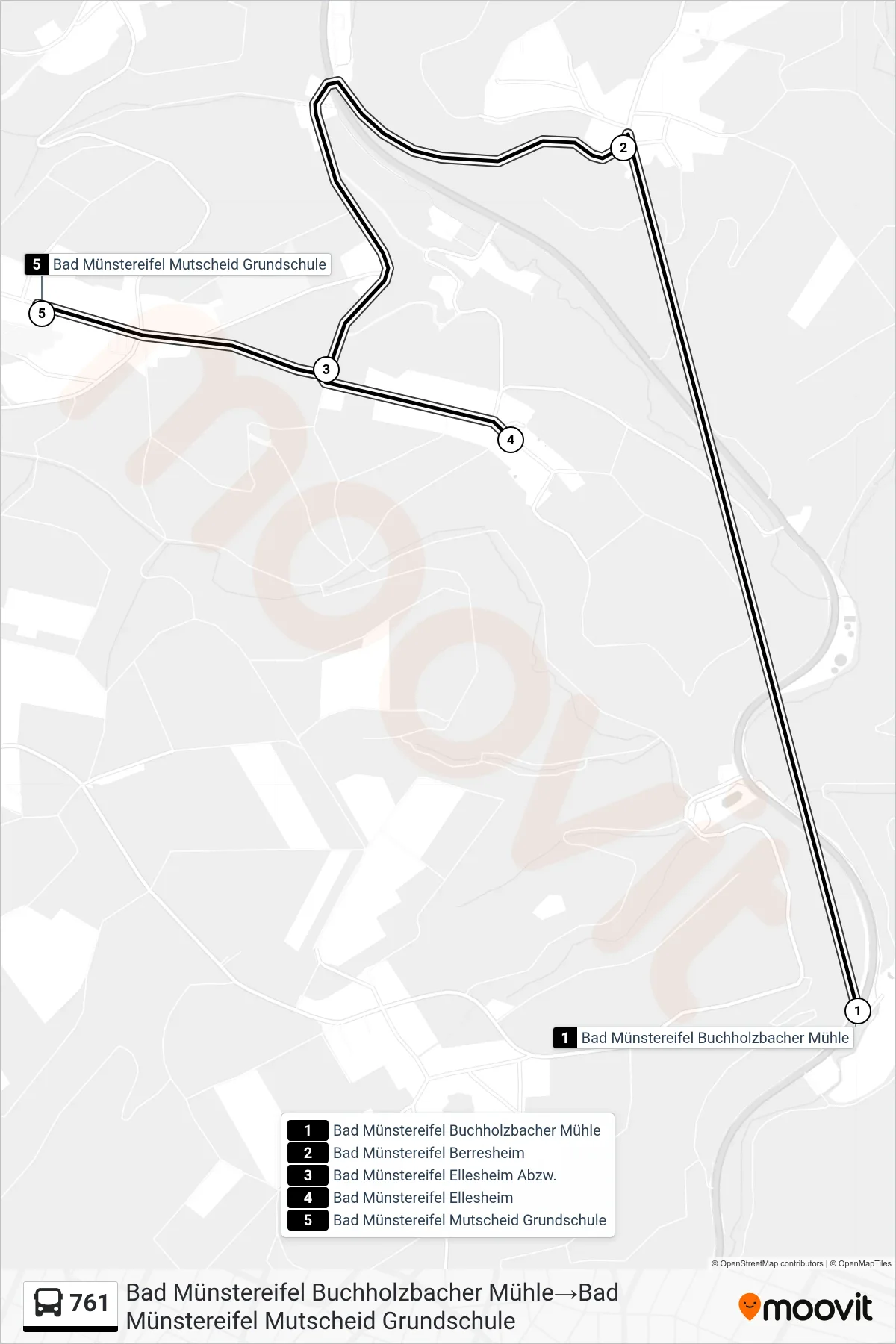 761 bus Line (Bad Münstereifel Buchholzbacher Mühle‎→Bad Münstereifel Mutscheid Grundschule) route and stops on a map