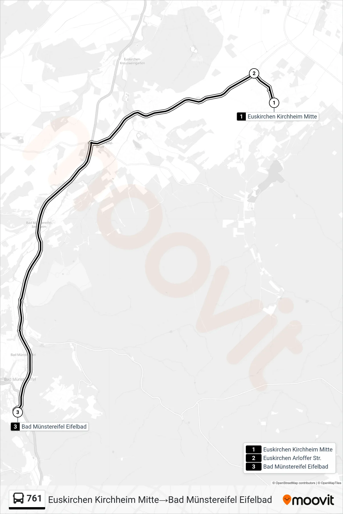 761 bus Line (Euskirchen Kirchheim Mitte‎→Bad Münstereifel Eifelbad) route and stops on a map