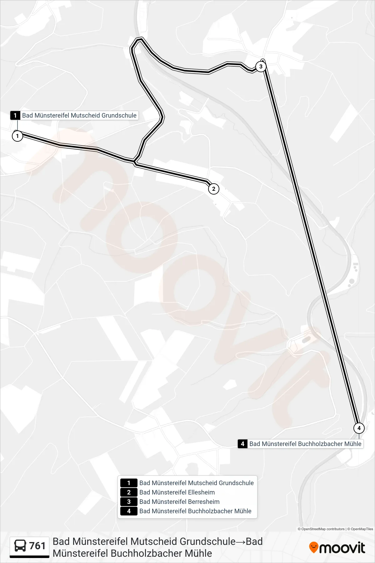 761 bus Line (Bad Münstereifel Mutscheid Grundschule‎→Bad Münstereifel Buchholzbacher Mühle) route and stops on a map