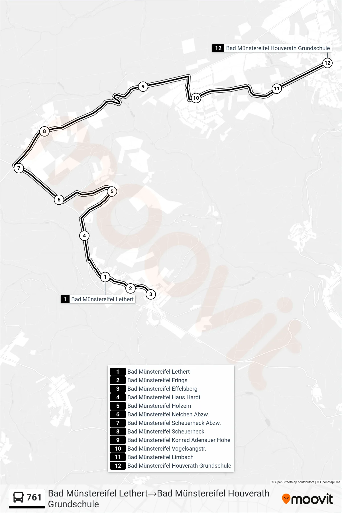 761 bus Line (Bad Münstereifel Lethert‎→Bad Münstereifel Houverath Grundschule) route and stops on a map