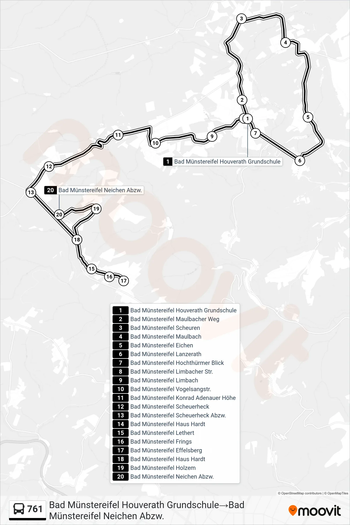 761 bus Line (Bad Münstereifel Houverath Grundschule‎→Bad Münstereifel Neichen Abzw.) route and stops on a map