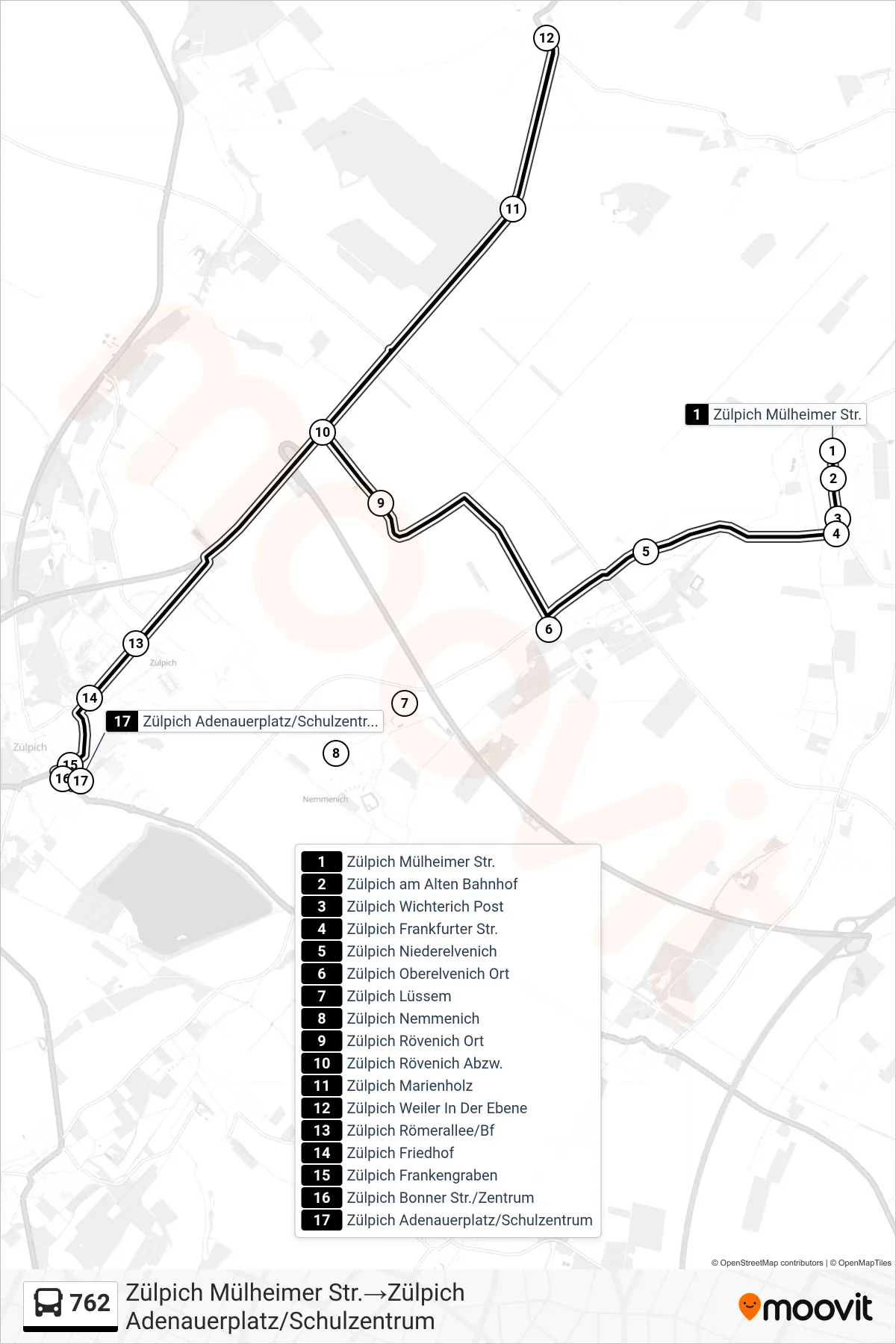 Linie 762 (Bus) Richtung Zülpich Mülheimer Str.‎→Zülpich Adenauerplatz/Schulzentrum: Route und Haltestellen auf der Karte