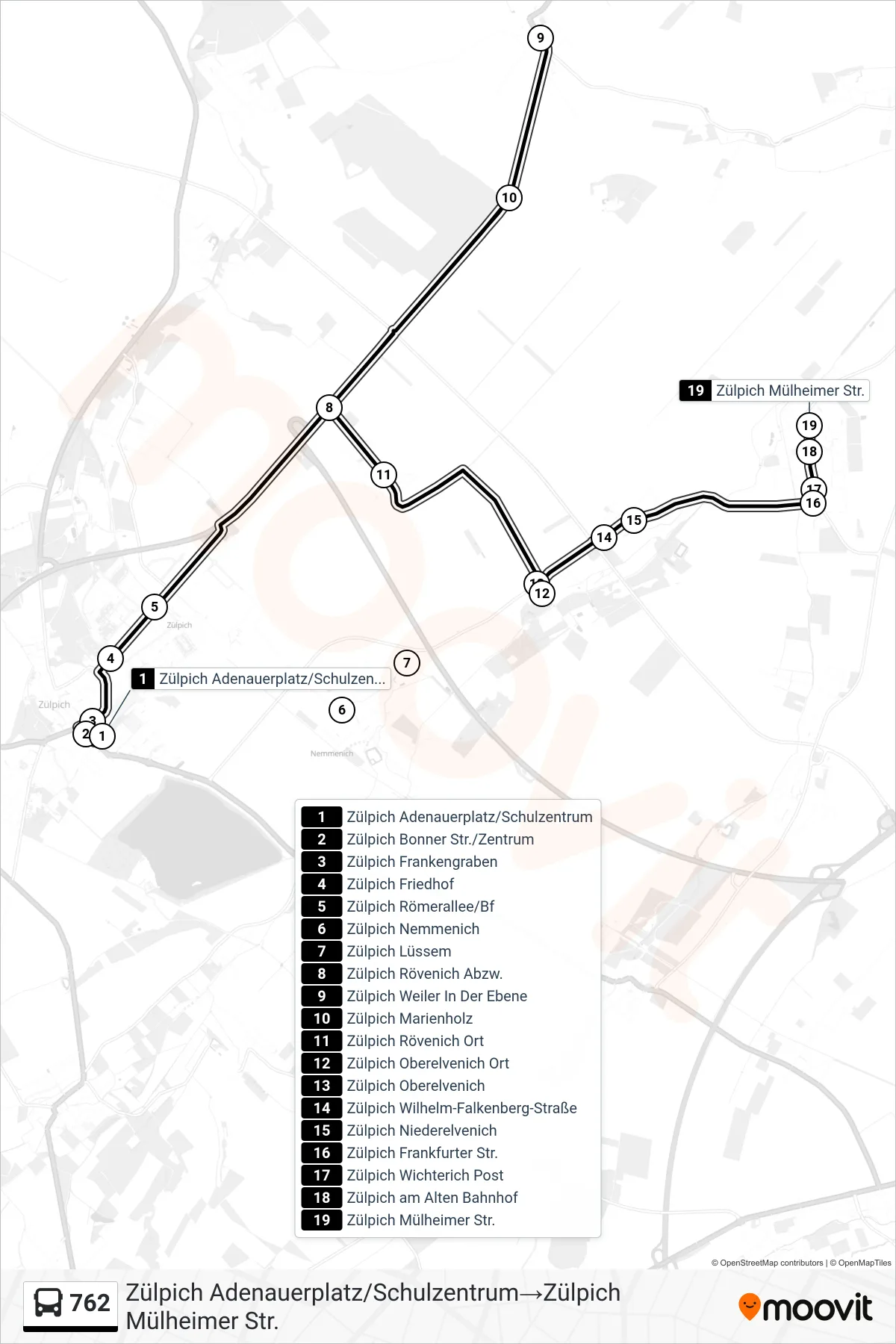 Linie 762 (Bus) Richtung Zülpich Adenauerplatz/Schulzentrum→Zülpich Mülheimer Str.: Route und Haltestellen auf der Karte