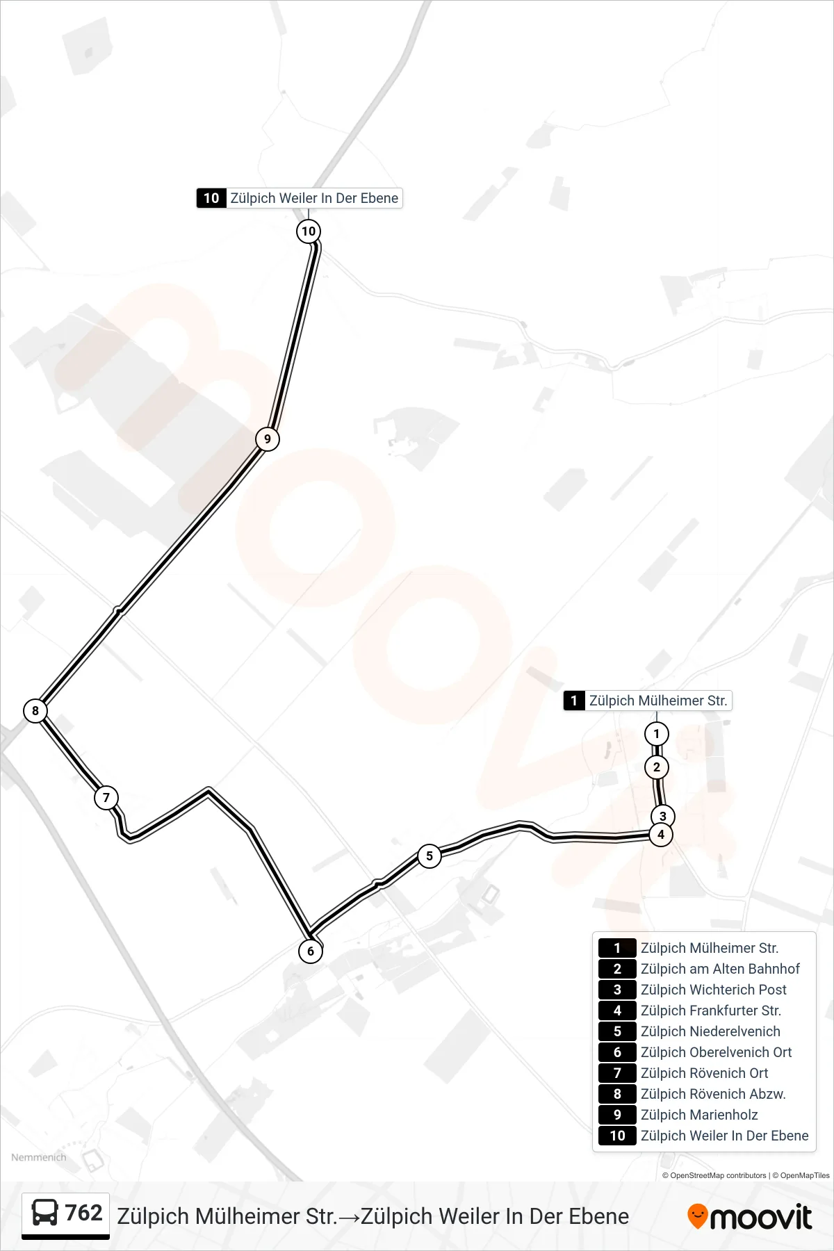 Linie 762 (Bus) Richtung Zülpich Mülheimer Str.‎→Zülpich Weiler In Der Ebene: Route und Haltestellen auf der Karte