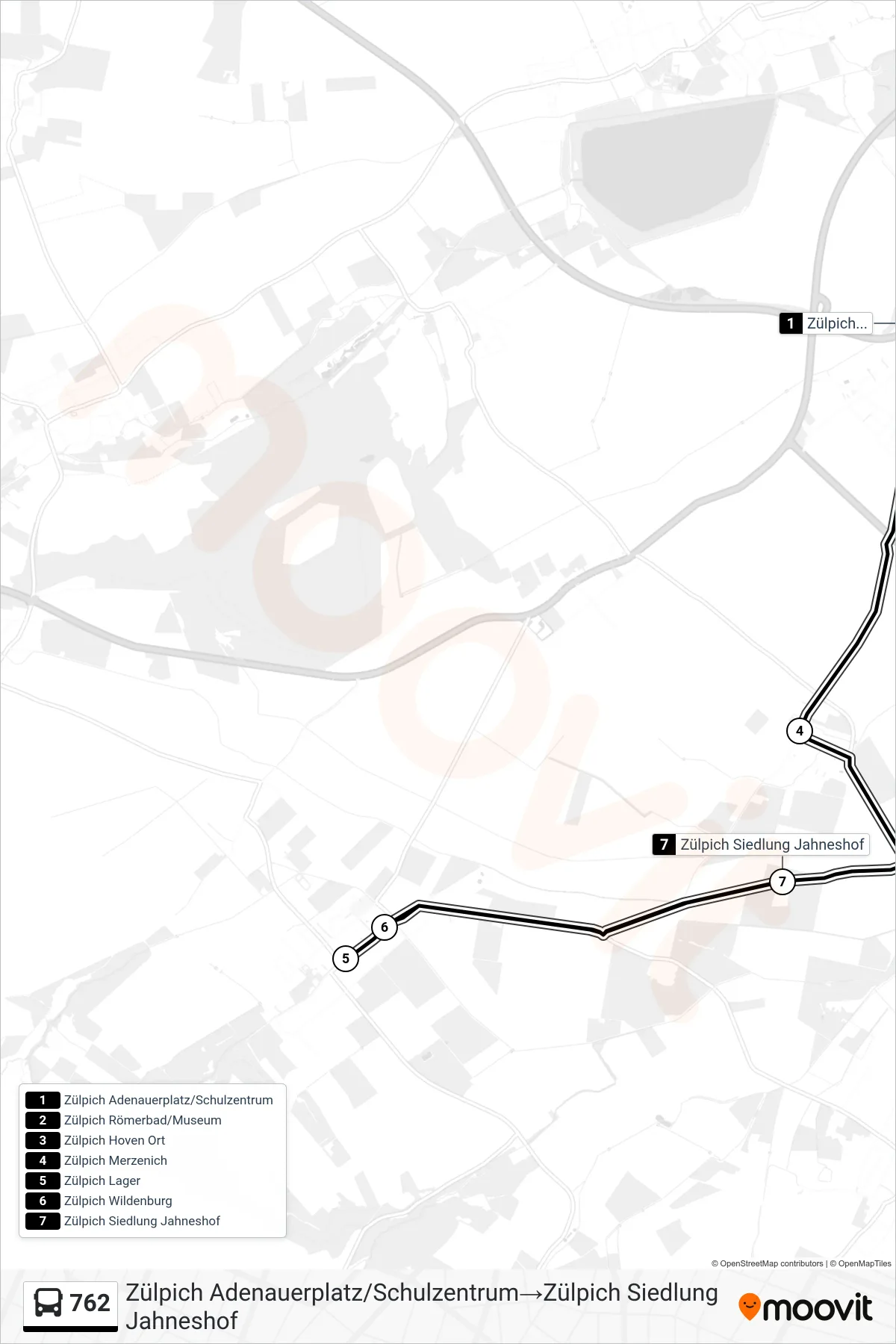 Linie 762 (Bus) Richtung Zülpich Adenauerplatz/Schulzentrum‎→Zülpich Siedlung Jahneshof: Route und Haltestellen auf der Karte