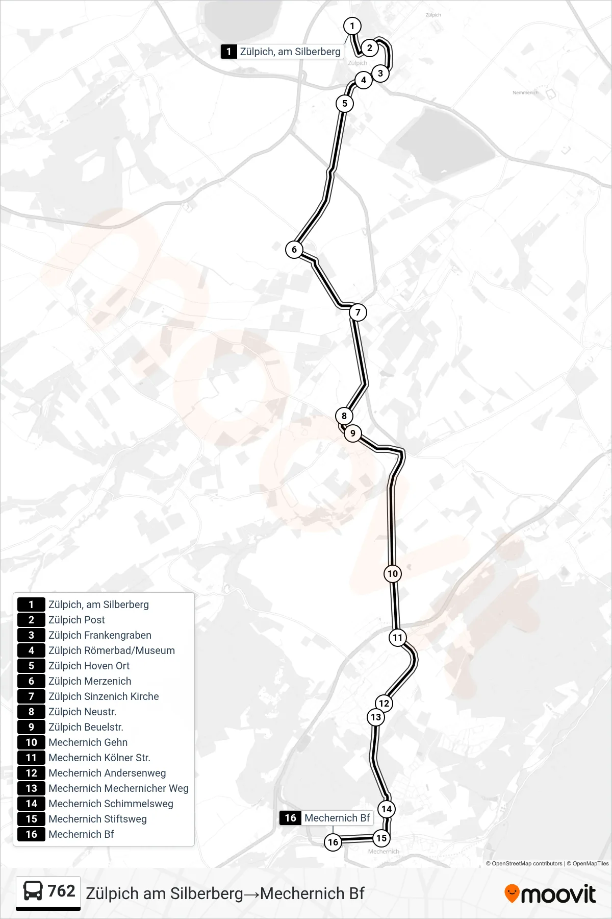 Linie 762 (Bus) Richtung Zülpich am Silberberg‎→Mechernich Bf: Route und Haltestellen auf der Karte