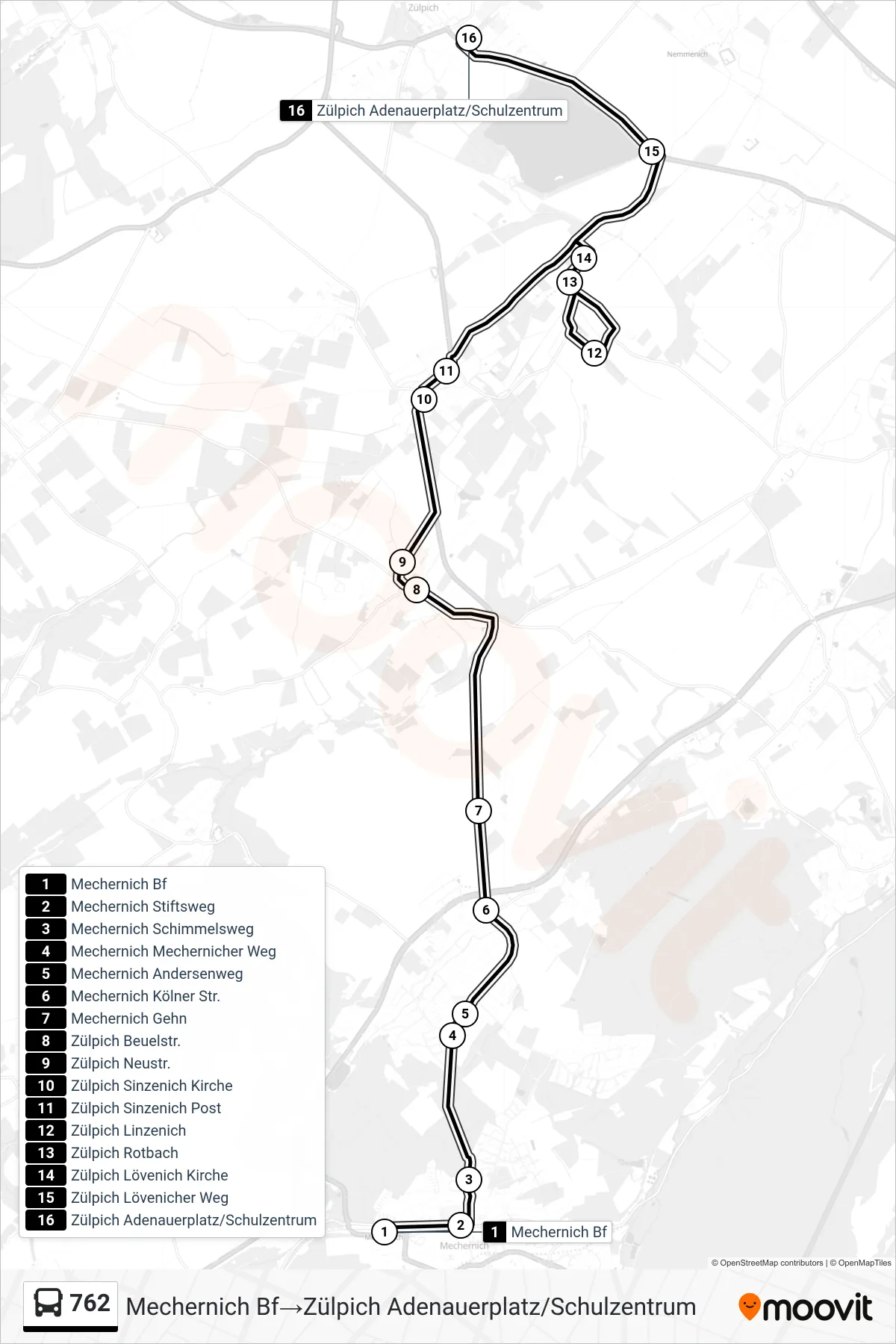 762 bus Line (Mechernich Bf→Zülpich Adenauerplatz/Schulzentrum) route and stops on a map