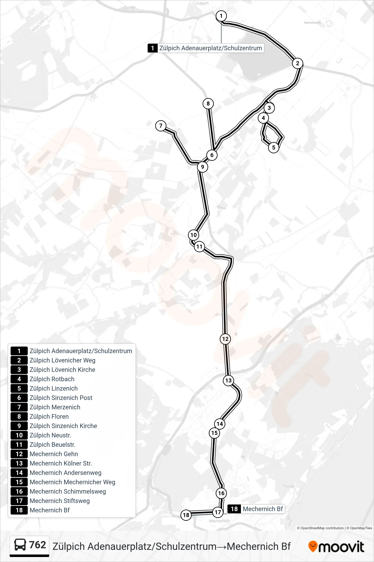 Linie 762 (Bus) Richtung Zülpich Adenauerplatz/Schulzentrum→Mechernich Bf: Route und Haltestellen auf der Karte