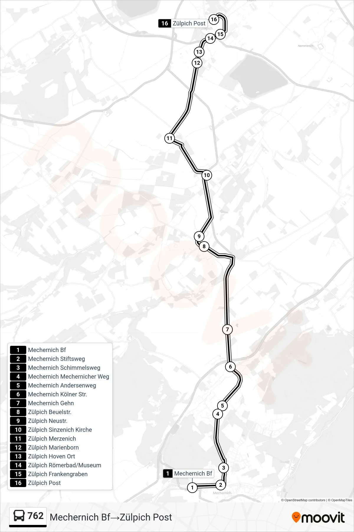 Linie 762 (Bus) Richtung Mechernich Bf‎→Zülpich Post: Route und Haltestellen auf der Karte