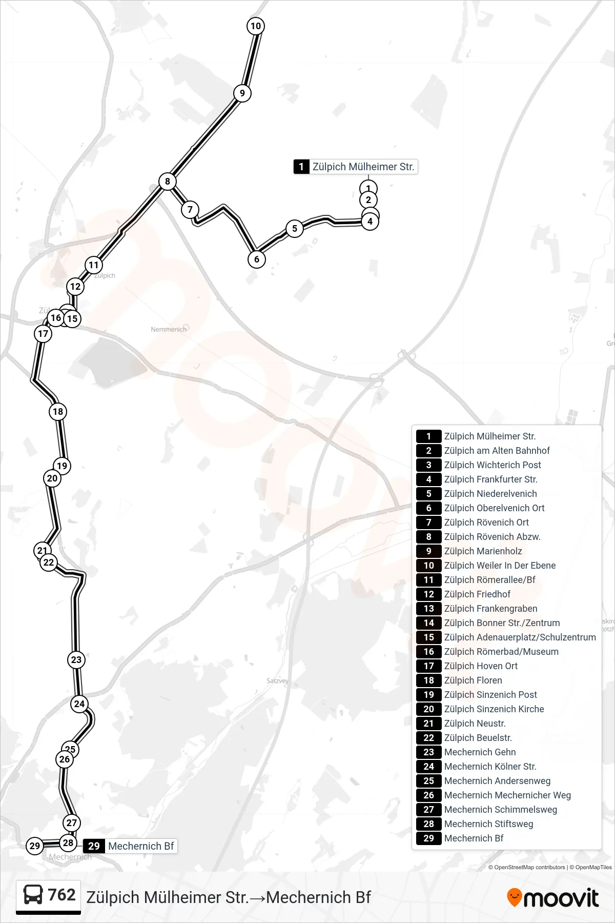 Linie 762 (Bus) Richtung Zülpich Mülheimer Str.→Mechernich Bf: Route und Haltestellen auf der Karte