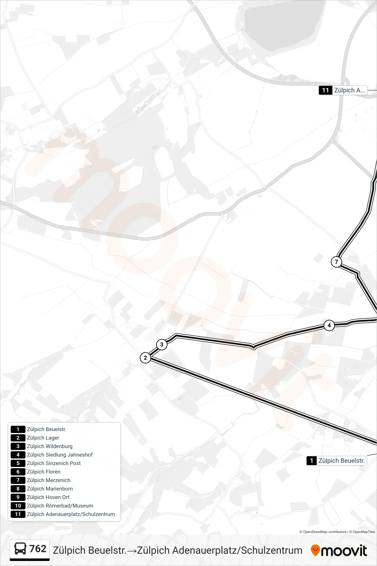 Linie 762 (Bus) Richtung Zülpich Beuelstr.‎→Zülpich Adenauerplatz/Schulzentrum: Route und Haltestellen auf der Karte