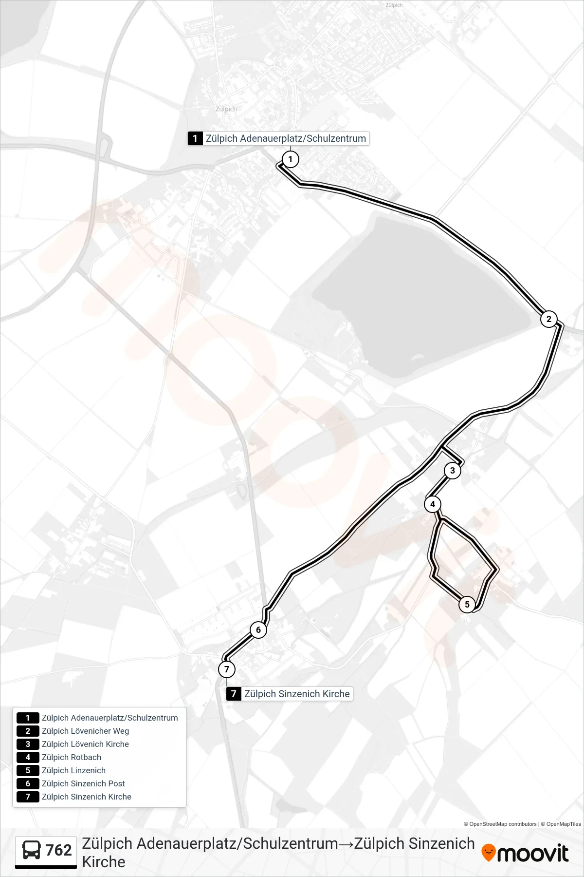 Linie 762 (Bus) Richtung Zülpich Adenauerplatz/Schulzentrum→Zülpich Sinzenich Kirche: Route und Haltestellen auf der Karte