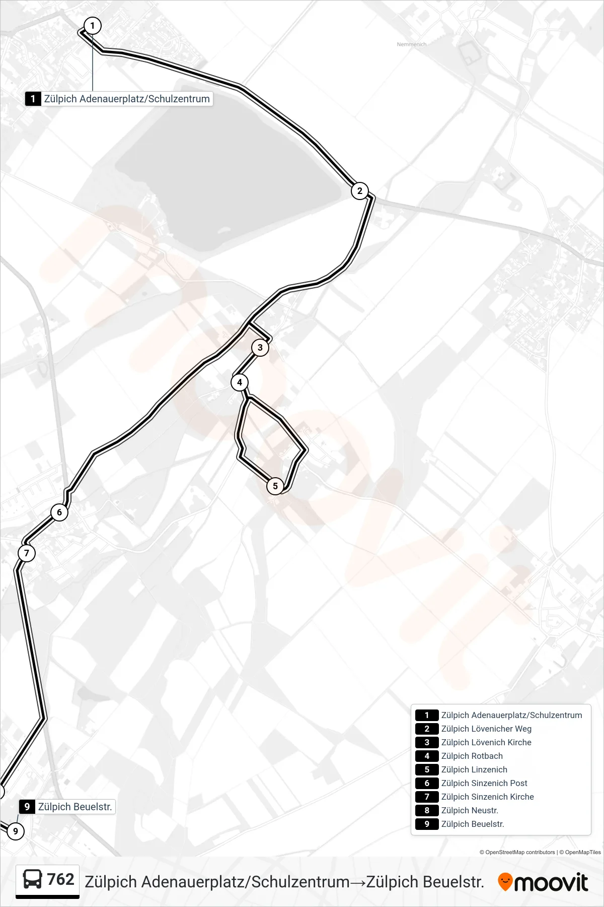 Linie 762 (Bus) Richtung Zülpich Adenauerplatz/Schulzentrum‎→Zülpich Beuelstr.: Route und Haltestellen auf der Karte