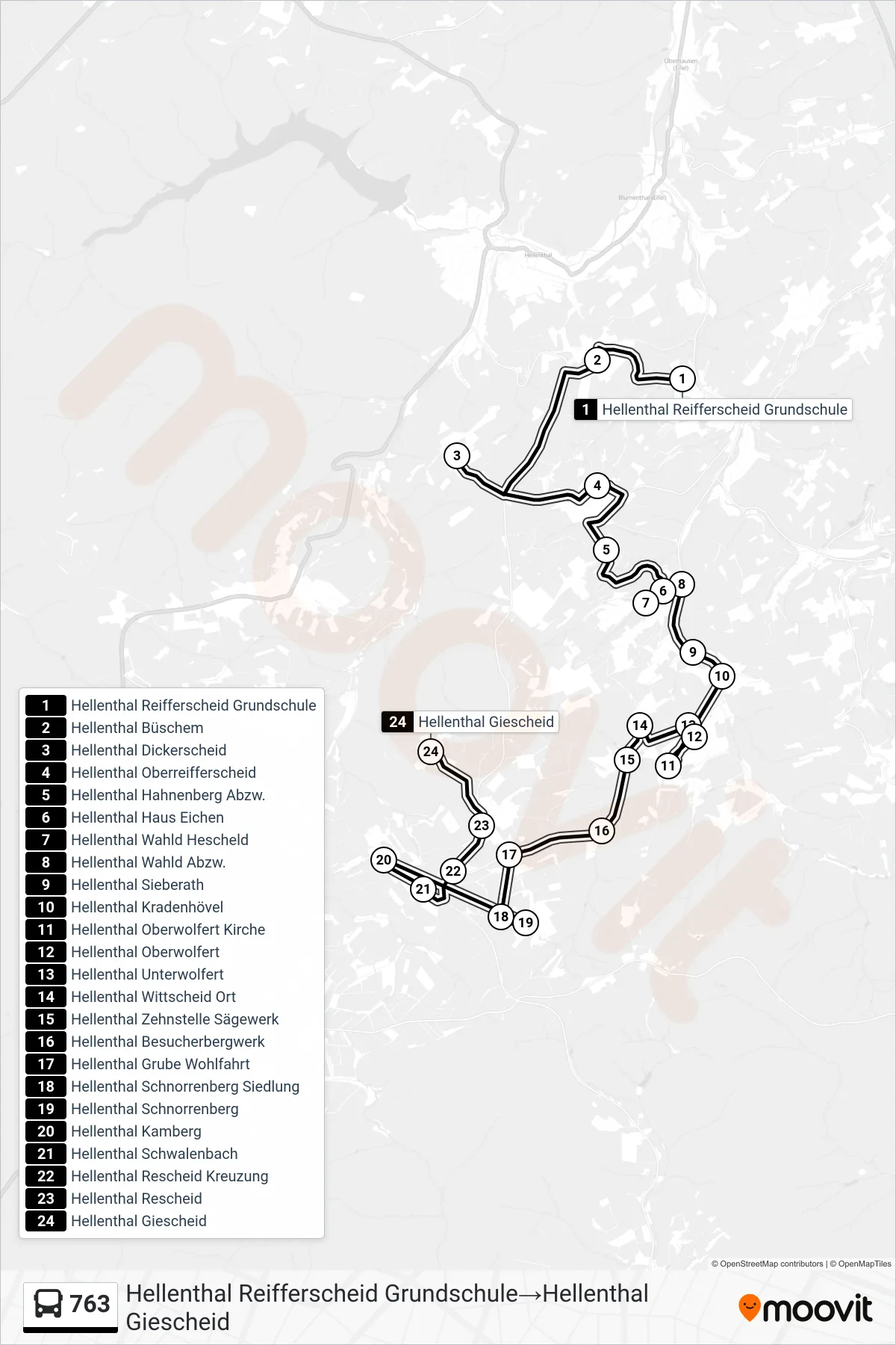 Linie 763 (Bus) Richtung Hellenthal Reifferscheid Grundschule→Hellenthal Giescheid: Route und Haltestellen auf der Karte