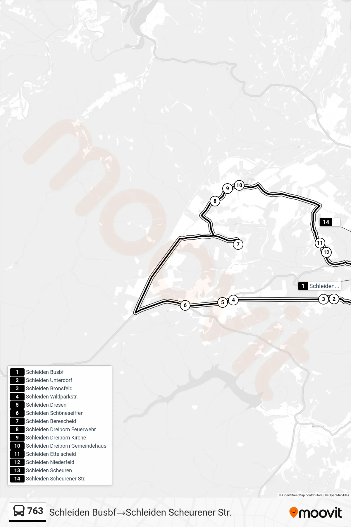 763 bus Line (Schleiden Busbf‎→Schleiden Scheurener Str.) route and stops on a map