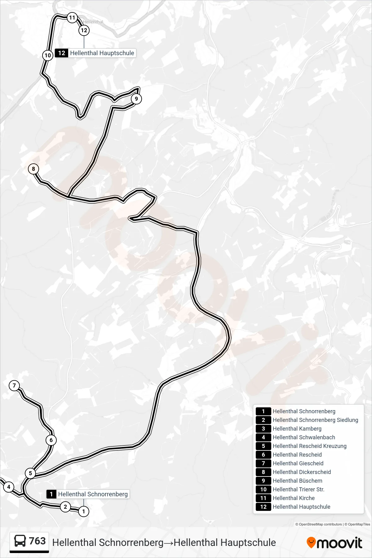763 bus Line (Hellenthal Schnorrenberg‎→Hellenthal Hauptschule) route and stops on a map